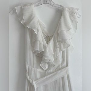 Nanamacs White with silver pin stripe sheer belted jumpsuit